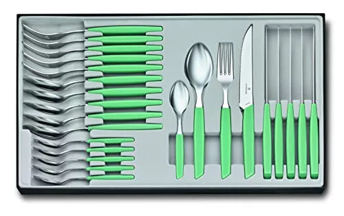 VICTORINOX Swiss Modern Besteck-Set für 6 Personen, 24-teilig, Inkl. Scharfe Steakmesser mit Wellenschliff, Kunststoffgriffe, Minzgrün