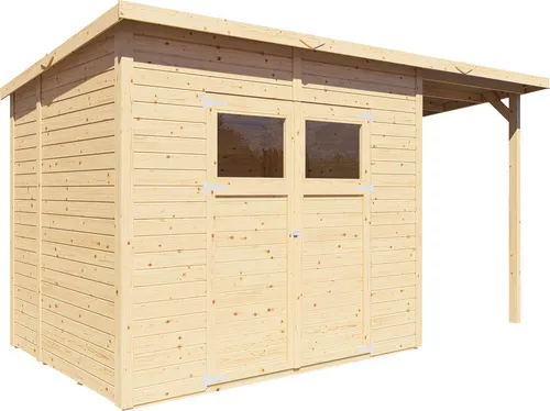 Bertilo Gerätehaus Amrum 3 Plus - 386 x 180 cm - Naturbelassen - Robustes Gartenhaus mit Pultdach und Doppeltür für vielseitige Nutzung. Schneller Aufbau durch stabile Elementbauweise und viel Stauraum für Gartenwerkzeuge und mehr.