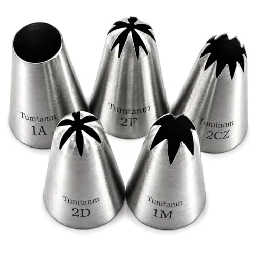 Tumtanm #1A, #2F, #2D, #1M, #2CZ nahtlose Edelstahl-Spritztüllen, 5 Stück, extra große Spritztüllen, Cupcake-Dekorationsset