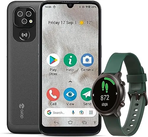 Doro Smartphone Bundle 8100 und Smartwatch Watch grün - Seniorenfreundliches Android 11 Smartphone mit 6,1 Zoll Display, 13 MP Triple-Kamera und Gesundheitsüberwachung durch Smartwatch