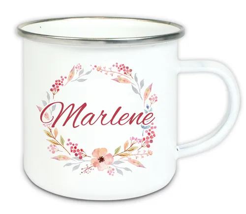 Emaille Tasse mit Name Blumen Camping Becher Kinder und Erwachsene aquarell rosa