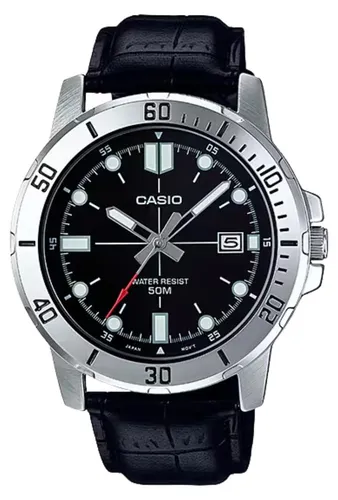 Casio MTP-VD01L-1EV Herrenarmbanduhr Sport Collection - Elegante Herrenarmbanduhr mit silbernem Gehäuse und schwarzem Zifferblatt. Widerstandsfähig und wasserdicht bis 50m, ideal für jeden Anlass. Perfekt als persönliches Geschenk mit Gravur.