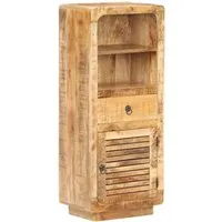 vidaXL Highboard aus Rauem Mangoholz 45x32x110 cm - Wohnzimmerschrank aus robustem, vintage-inspiriertem Mangoholz, einzigartig in Farbe und Maserung. Bietet viel Stauraum mit Tür, Schublade und Regalen, ideal für stilvolle Einrichtung.