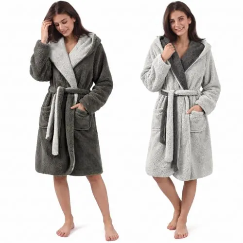 CalmyLIFE Bademantel Damen flauschig Morgenmantel OEKO-TEX Zertifiziert | mit Wendefunktion, Kapuze, Bindegürtel, Warm, Hausmantel, Kuschelig, Winter, Sherpa, Sauna, Bademäntel, Bathrobe Women