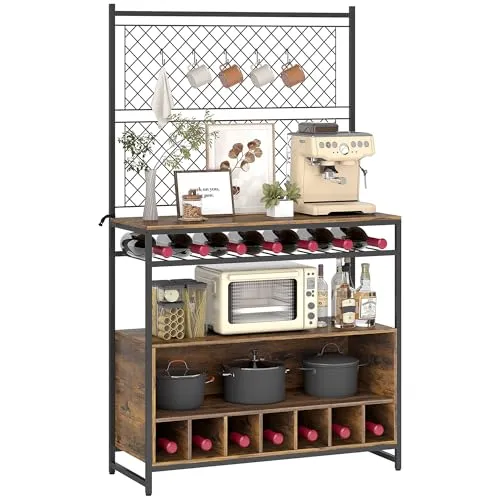 Küchenregal mit 5 S-Haken und 2 Ablagen - Stylisches Standregal aus Metallgitter in Rustikal-Braun, ideal für die Küche und das Esszimmer. Mit 5 verstellbaren Regalfächern und einer maximalen Gewichtskapazität von 40 kg.