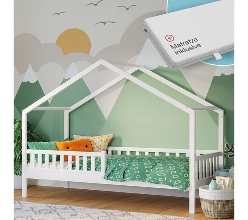 Bellabino Hausbett Vils 90x200 cm mit Rausfallschutz & Lattenrost (ohne Schublade, mit Matratze), Kinderbett auch verfügbar mit Gästebett/Schublade