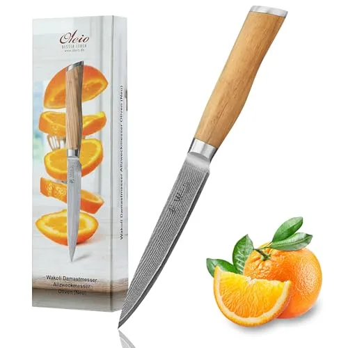 Wakoli Damast Allzweckmesser 12,5 cm | Olivenholzgriff