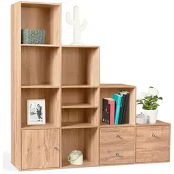 Treppenförmiges Aufbewahrungsmöbel Liam 4 Ebenen Holz In Buchenoptik Mit Tür Und Schubladen