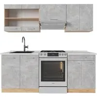 Vicco Küchenzeile R-Line, 200 cm, Beton/Goldkraft Eiche - Küchenzeilen mit höhenverstellbaren Füßen für perfekte Anpassung, inklusive eleganter Marmor-Arbeitsplatte für stilvolles Kochen.