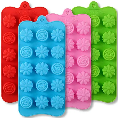 Newk Silikonformen in Blumenform, 4 Packungen 15 Mulden Antihaft-Silikonformen in Lebensmittelqualität für Pralinen, Süßigkeiten, handgemachte Seife und Badebomben