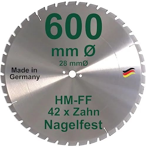 HM Sägeblatt 600 x 28 mm NAGELFEST FF - Hochwertiges Kreissägeblatt mit 600 mm Durchmesser. Ideal für Bauholz und Brennholz. Extrem stabil und langlebig, perfekt für professionelle Anwendungen. Made in Germany.