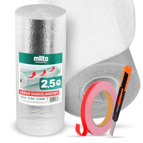 Heizkörper Reflexionsfolie 2,5m x 0,5m x 3mm | Selbstklebend Alufolie Isoliermatte Dämmung Isolierfolie Thermomatte Thermofolie Heizung Isolierung Dämmfolie Wandisolierung Doppelklebeband Cuttermesser