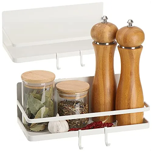 Robin Goods® 2X Kühlschrank Magnet-Regal - Hängeregal mit 2 Haken - Küchen-Ablage magnetisch für Gewürze aus Metall - Magnetregal, Organizer bis max. 6kg belastbar (2 Stück - weiß)