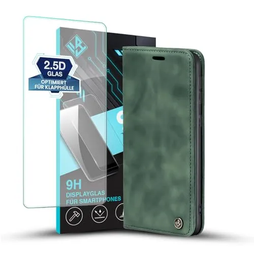 LBH Handyhülle für Samsung Galaxy A15 / A15 5G in Grün mit Displayglas Karten- und Geldfach Smartphone Hülle mit Standfunktion Flip Case Schutzhülle Magnetverschluss Vintage