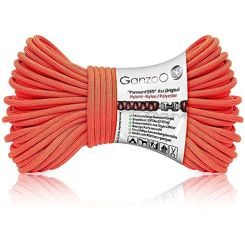 Ganzoo Paracord 550 Seil neon orange, 4mm, Typ 3, Nylon Polyester, Hybrid, Armband, Hunde-Leine, Hunde-Halsband knüpfen, ca. 250kg Bruchlast, Outdoor Rope, Camping Schnur, Allzweckseil, 30 Meter
