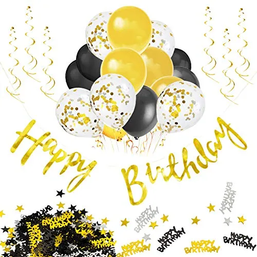 Oblique Unique® Geburtstagsdeko gold schwarz silber – Party Deko Set Erwachsene mit Happy Birthday Girlande, 15 Luftballons, Spiralhänger & 500 Konfetti – Deko Männer, Frauen, Teenager, Jubiläum