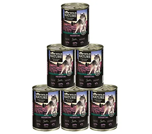 Dehner Wild Nature Hundefutter Heidetal, Nassfutter getreidefrei / zuckerfrei, für ausgewachsene Hunde, Lamm/Kaninchen, 6 x 400 g Dose (2.4 kg)