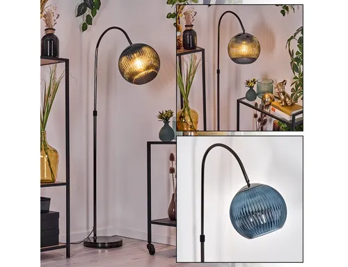 hofstein Stehlampe im Retro-Design - Standleuchten aus Metall und Riffelglas in Schwarz, Chrom und Blau, verstellbar mit Fußschalter – ideal für modernes und stilvolles Wohnen.
