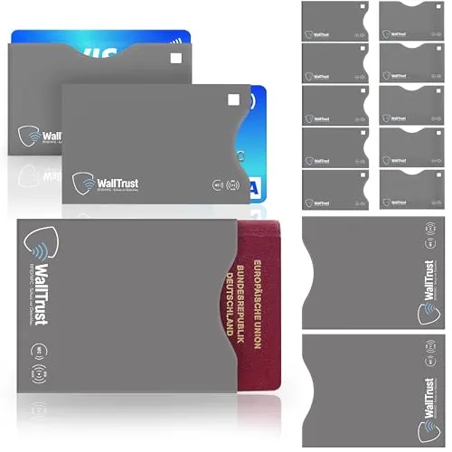 WallTrust RFID Schutzhüllen - Blocker NFC Schutzhüllen (12 Stück) Kreditkarte, EC Karte, Bank Karte, Personalausweis & Reisepass - Hülle - Schutz gegen Funk Datenklau - Kartenhülle