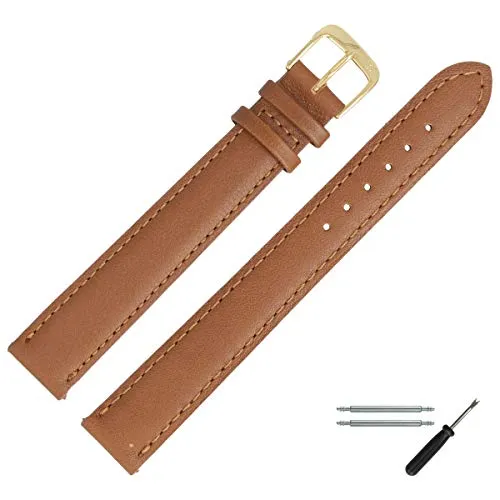 MARBURGER Uhrenarmband 18mm Leder Braun Gold Glatt - Montage Set - Hochwertiges, extra langes Rindsleder-Uhrenarmband in Cognac mit Goldschließe. Ideal für breite Handgelenke, inklusive Federstege und Montageanleitung für einfachen Wechsel. Perfekt für klassischen Stil!