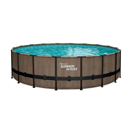 Summer Waves Frame Pool Komplettset 549x132 cm - Rundpool in Teak Optik für bis zu 8 Personen, inkl. Filterpumpe, Leiter und Reinigungsset. Einfacher Aufbau und langlebig für den perfekten Sommer im Garten!
