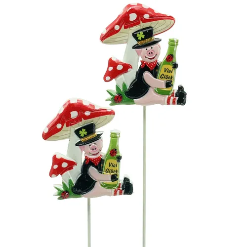 Pflanzenstecker Glücksbringer mit Schwein und Sektflasche - Kreative Gartendeko aus Holz, Polyresin und Metall. Perfekt für Neujahr und besondere Anlässe. Bringt Freude in jeden Garten!