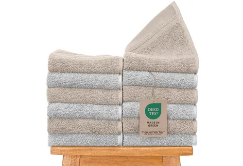 Hausfelder Handtücher Gästehandtücher Farbmix 12er Set, 50x30cm, Farbe: Beige/Hellgrau, Frottier (12-St), Mit Aufhängeschlaufen, 100% Baumwolle, weich, saugfähig, Uni-Farben