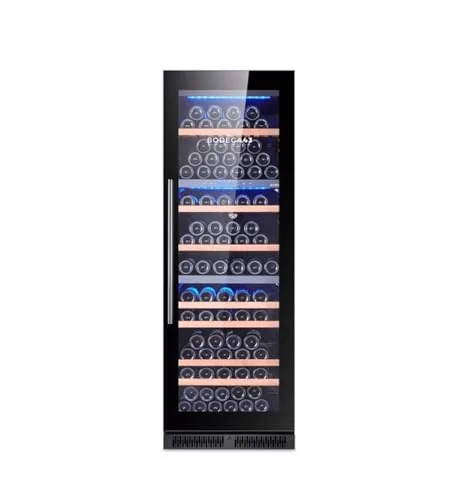 BODEGA43-145 Weinkühlschrank mit 3 Temperaturzonen, 145 Flaschen, 41 dB, Einbau und Freihstehend, Schwarze Vollglas-Designtür, 7 Ausziehbare Schubladen aus durchsichtig lackiertem Sapele Holz