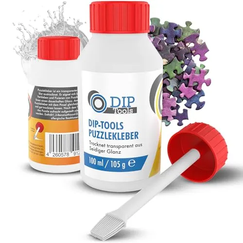 DIP-Tools Puzzlekleber 100ml mit Pinsel, transparent & schnelltrocknend, Puzzle-Kleber zum Fixieren & Verkleben von Puzzles, dauerhafter Halt & Glanz, zum Puzzle aufstellen oder aufhängen an der Wand