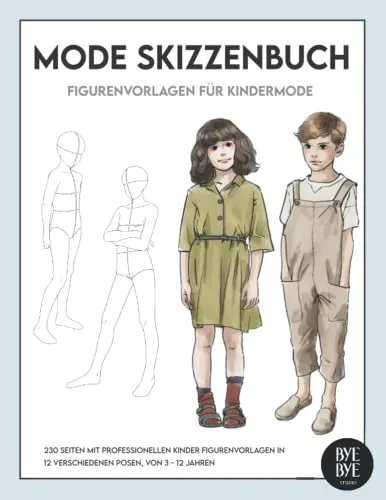 Mode Skizzenbuch: Figurenvorlagen für Kindermode, 230 Seiten professionelle Kinder Silhouetten in 12 verschiedene Posen, von 3 -12 Jahren