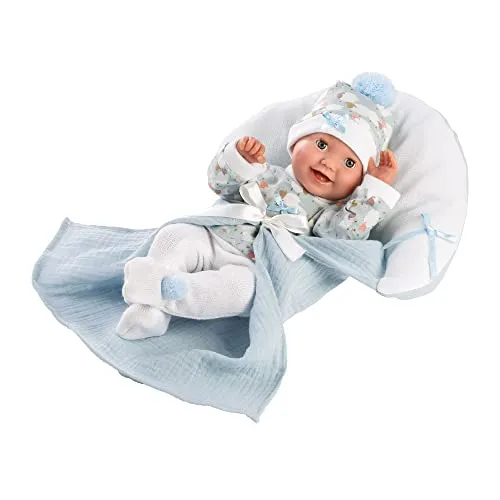 Llorens 1063595 Puppe Bimbo - Schlafpuppe mit blauen Augen - Puppenkategorie mit handgefertigter Babypuppe aus zartem Vinyl, inklusive weicher Decke und Schnuller, ideal als Geschenk für besondere Anlässe.