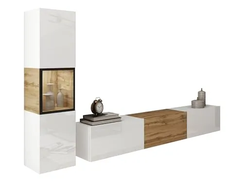 Mirjan24 Wohnwand Bentlor I, Mediawand, Schrankwand, im Set Vitrine, TV-Lowboard, Anbauwand kann aufgestellt BZW. aufgehängt Werden (Weiß/Weiß Hochglanz + Wotan Eiche, mit weißer LED Beleuchtung)