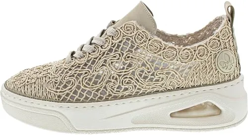 RIEKER Plateausneaker für Damen, Gr. 41, beige - Sneaker aus Textil mit 4 cm Plateauhöhe und sommerlicher Makramee-Optik, ideal für lässige Outfits und komfortable Spaziergänge.