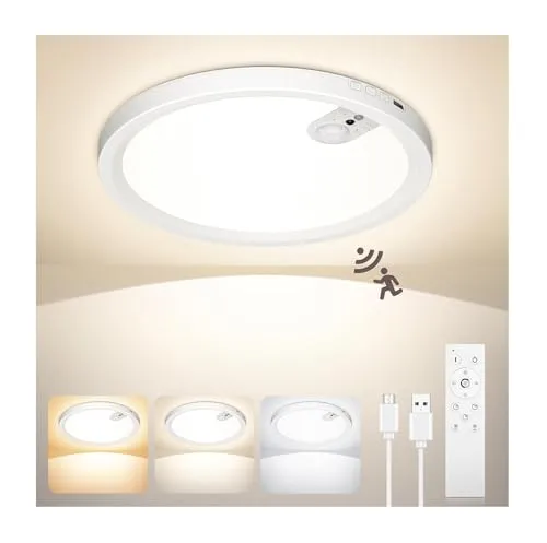 Uwithm Deckenleuchte mit Bewegungsmelder, 7000mAh Aufladbare LED Deckenlampe, 3 Farbtemperaturen Dimmbar, Fernbedienung mit Timer, Deckenlampe ohne Stromanschluss für Badezimmer Flur Garage(1 Stück)