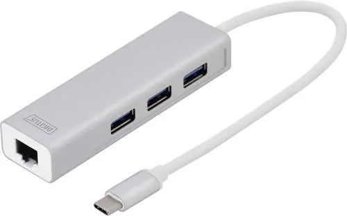 DIGITUS USB 3.0 Hub mit Gigabit Ethernet - 3-Port Aluminium Hub in Silber für schnelle Datenübertragung und Netzwerkzugang