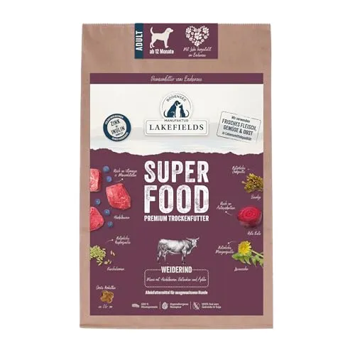 Lakefields Superfood für Hunde - Premium Hundefutter trocken - Getreidefreies Trockenfutter mit 60% Rindfleisch, entwickelt von Tierärzten, unterstützt die Gesundheit Ihres Hundes mit hochwertigen Zutaten und Superfoods.