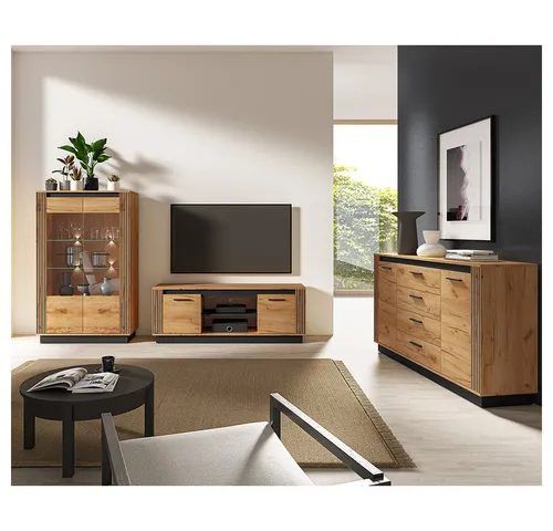 Lomadox Wohnzimmer-Set URBANIA-131 – Mega-Spar-Set 3-teilig - Stylisches Wohnzimmer-Set mit Lowboard, Vitrinenschrank und Kommode in edlem Eichenlook. Inklusive Beleuchtung für eine gemütliche Atmosphäre. Selbstmontage, Maße ca. Angaben.