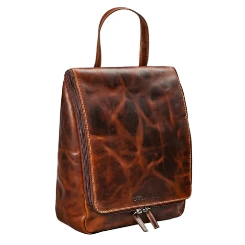 STILORD 'Lewi' Kulturbeutel zum Aufhängen aus Leder - Kulturtasche mit Henkel und Haken für mehr Übersicht auf Reisen. Ideal für Herren: elastische Schlaufen zur sicheren Verwahrung von Rasierern und Zahnbürsten. Vintage Design in braun.