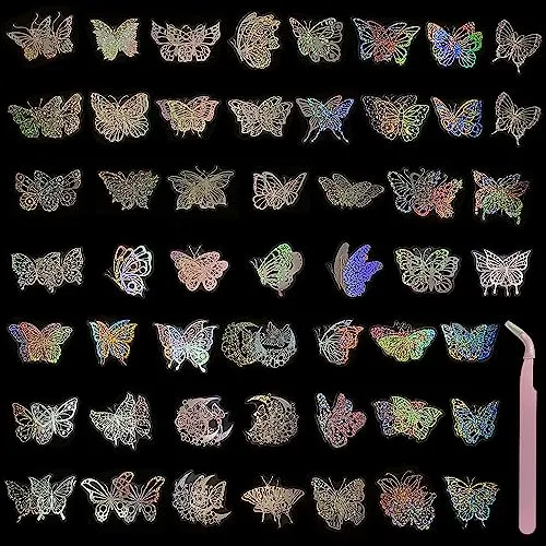 Stück glitzernde Schmetterlingsaufkleber mit 1 rosa Ellenbogenpinzette, holografische wasserfeste Aufkleber, transparente dekorative Aufkleber aus PET-Harz für Umschläge, Sammelalben, Tagebücher 100