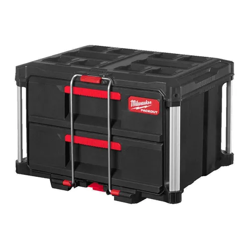 Milwaukee PACKOUT™ Koffer mit 2 Schubladen - Werkzeugaufbewahrungsbehälter mit 2 schließbaren Schubladen, ideal für sichere und organisierte Aufbewahrung. Stapelbar, mit Griff und entnehmbarem Organizer für maximale Flexibilität.