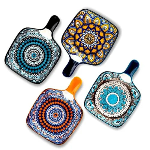 Besmeety Keramik 4x Dipschalen mit Griff, Dipschalen Set, Tapas Schalen Set, Soja Saucenschälchen, Dip Schälchen, Snackschalen, Quadratisch Schalen, Servierschalen, 12cm