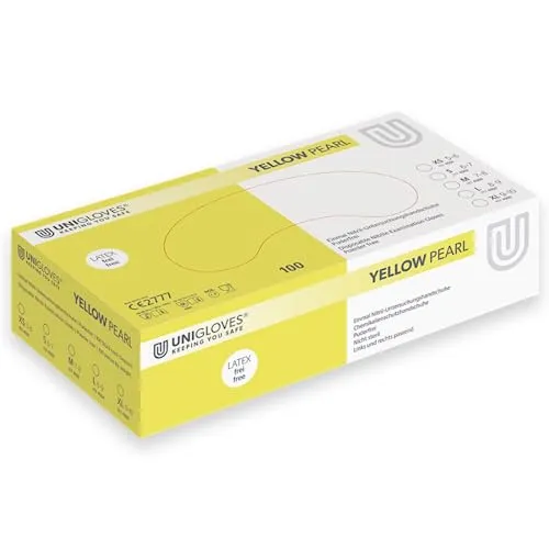 UNIGLOVES - Yellow PEARL® Gelbe passgenaue Einweghandschuhe aus Nitril | Lebensmittelecht, puderfrei & latexfrei | hohe Festigkeit & Haltbarkeit | 100 Stück | Einmalhandschuh L