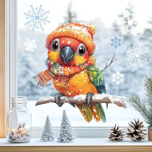Sunnywall Fensterbilder Winter für Kinder Tiermotive in Winterszene als statisch haftende Fenstersticker, WIEDERVERWENDBAR (Papagei, A4 Bogen)