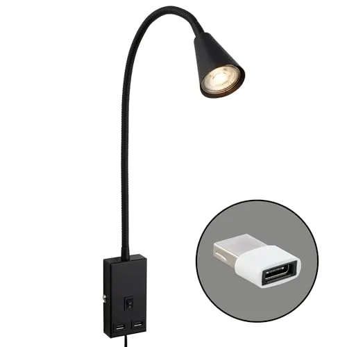 BRILONER Leselampe mit USB Port - Schwenkbare Wandlampe für Bett und Arbeitsbereich - Moderne Wandleuchte mit USB-Anschlüssen, flexibel einstellbarem Licht und praktischem Ein/Aus-Schalter, ideal für das Schlafzimmer oder Leseecken.