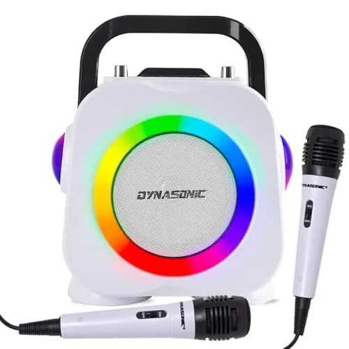 DYNASONISCH. Kabelloser Bluetooth-Lautsprecher mit LED-Leuchten. Tragbare Karaokemaschine mit Zwei Mikrofonen. Originelles Geschenk (Dk-201 Schwarz)