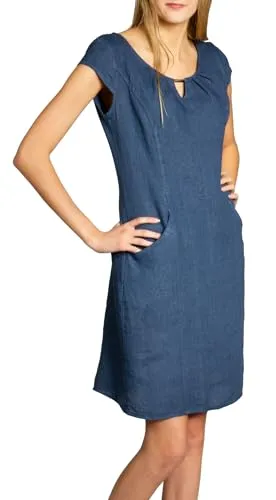 Caspar SKL020 knielanges Damen Sommer Leinenkleid mit eleganter Metallspange bis Größe 50, Farbe:Jeans blau, Größe:L - DE40 UK12 IT44 ES42 US10