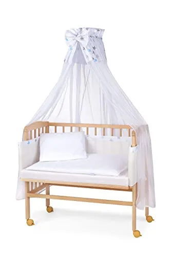 WALDIN Beistellbett mit Matratze und Stoffen - Höhenverstellbares Babybett aus unbehandeltem Buchen-Massivholz, große Liegefläche 90x55 cm, ideal für sicheren Schlaf Ihres Babys.