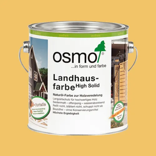 Osmo Landhausfarbe 2205 Sonnengelb - hochdeckende Holzfarbe - Lacke für Holzveredelung, bietet Langzeitschutz und unübertroffene Haltbarkeit bei allen Witterungsbedingungen. Offenporig und wasserabweisend, ideal für außen.