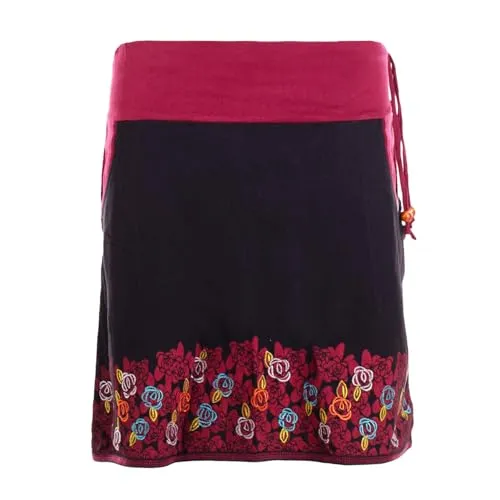 Vishes Alternative Bekleidung - Damen Mini-Rock 100% Baumwolle Blumen-Muster extra breiter Bund mit Kordel-Zug und Taschen mit Stickerei schwarz 38