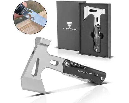 STAHLWERK Multitool - Multifunktionswerkzeug mit Hammer und Axt - Multitools für Werkstatt und Outdoor, inklusive Taschenmesser und LED Taschenlampe, ideal für Survival und Abenteuer, geliefert in einer praktischen Geschenkbox.